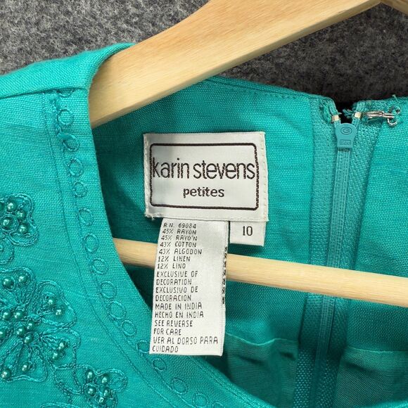 Karen Stevens Dress Women 10P Petite Blue Shift Midi Rhinestone Button Linen - Picture 3 of 6